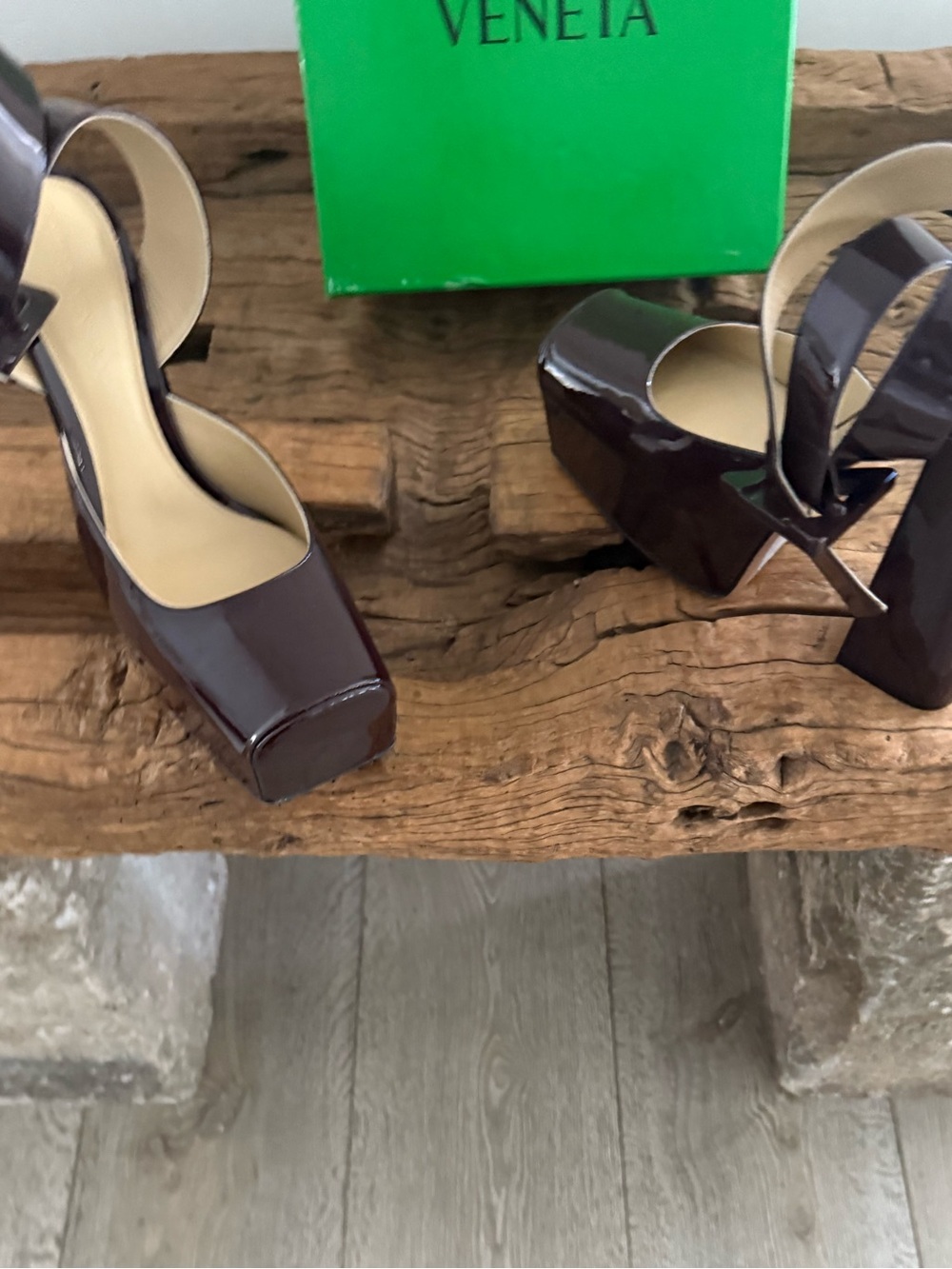 BOTTEGA VENETA Patent Platform Block Heel Ankle-Strap Pumps - Dark Brown - Picture 3 of 15